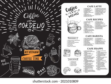 Coffee house menu. Restaurant cafe menu, template design. Food flyer. Layout with vintage lettering and frame of hand-drawn graphic sweets. Vector.