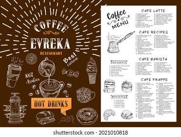 Coffee house menu. Restaurant cafe menu, template design. Food flyer. Layout with vintage lettering and frame of hand-drawn graphic sweets. Vector.