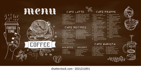 Coffee house menu. Restaurant cafe menu, template design. Food flyer. Layout with vintage lettering and frame of hand-drawn graphic sweets. Vector.