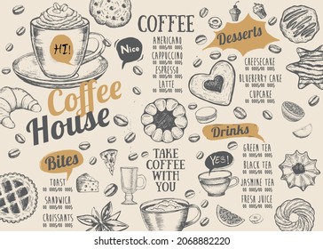 Coffee house menu. Restaurant cafe menu, template design. Food flyer.