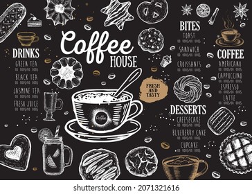 Coffee house menu. Restaurant cafe menu, template design. Food flyer.	