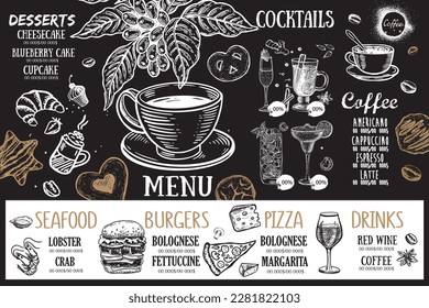 Menú de la cafetería. Menú de café restaurante, diseño de plantilla. Volante de comida.