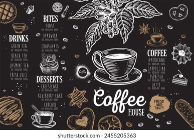 Coffee house menu. Restaurant cafe menu, template design. Food flyer.	