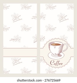 Coffee house menu template design in vector. Hand drawn cafe background. Coffee cup illustration with vanilla seamless pattern