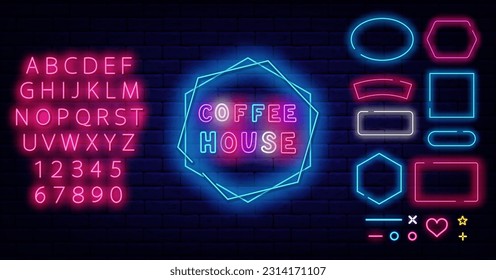 Coffee house neon badge. Geometric frames collection. Coffee house advertising for cafe, restaurant. Shiny pink alphabet. Barista design on brick wall. Editable stroke. Vector stock illustration