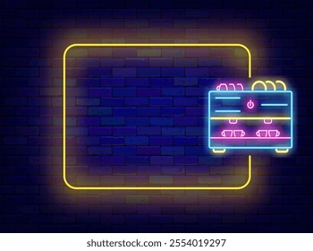 Coffee house neon banner. Coffee machine symbol. Barista drink. Empty yellow frame. Vector stock illustration