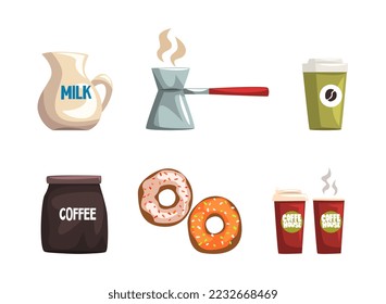 Coffee house objects set. Cezve, milk jug, donuts, paper disposable mugs for coffee making cartoon vector illustration