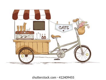 Coffee house on bicycle./ Vector illustration on the theme of street food.