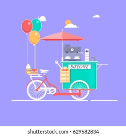 Coffee house on bicycle Vector illustration on the theme of street food Flat