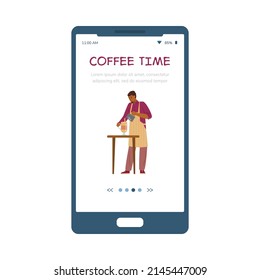 Coffee house onboarding web page with cafe barista, flat vector illustration. Mobile phone application screen interface for coffee shop and take away cafe.