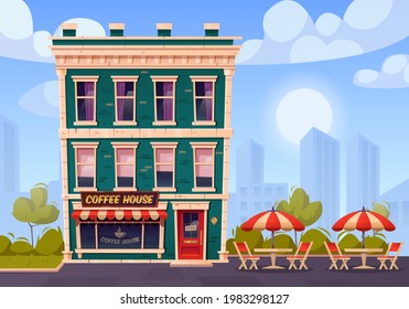 Coffee house with outdoor terrace, summer city cafe on building ground floor with glass showcase, wooden tables, chairs and umbrella. Street drinks and snacks cafeteria, Cartoon vector illustration