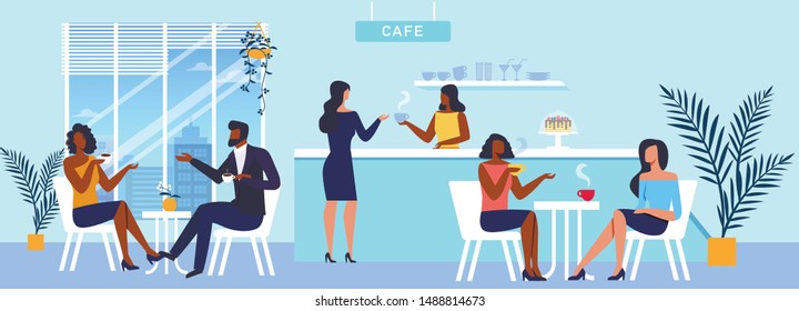 Coffee House Panorama Flat Vector Illustration. Barista and Cafe Customers Cartoon Characters. Young Couple and Girlfriends Drink Delicious Hot Beverage. Catering Business, Takeaway Service