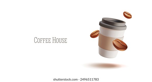 Coffee house. Paper cup with coffee and coffee bean, 3D. A simple banner on a white background for advertising and promoting coffee drinks. Vector illustration.