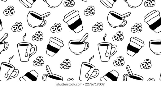 Patrón de café, galletas de doodle. Taza de té, cerámica y comida para llevar, papel pintado en casa o cafetería o diseño textil, papel de tienda de comida. Vector de línea dibujada a mano de fondo reciente sin inconvenientes