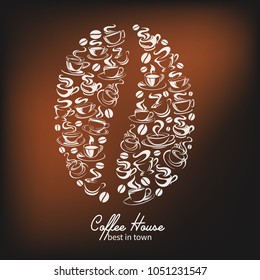 Coffee house poster of coffee bean with got coffee cups steam icons. Vector design template of hot steamy americano, espresso or cappuccino and chocolate drink for coffeeshop or cafe and cafeteria