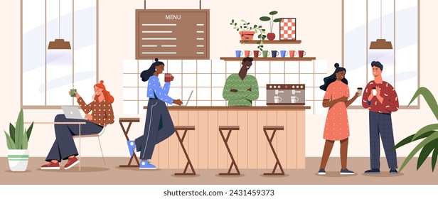 Coffee house scene. Men and women with plastic cups with hot drinks. Aroma and beverage. Cafe and catering service. Americano and cappuccino, espresso. Cartoon flat vector illustration