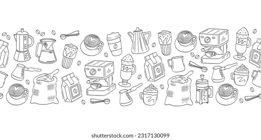 Coffee house seamless border. Cute vector doodle icon set on white background.