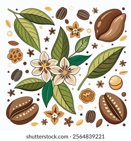 Coffee house and seamless coffee pattern in vintage style background, Coffee beans and coffee elements doodle art illustration.