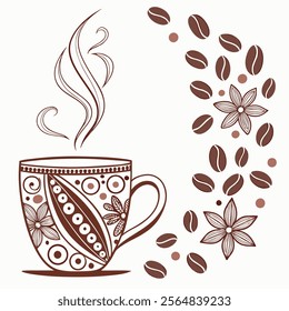 Coffee house and seamless coffee pattern in vintage style background, Coffee beans and coffee elements doodle art illustration.