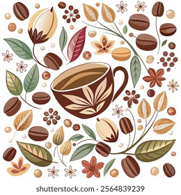 Coffee house and seamless coffee pattern in vintage style background, Coffee beans and coffee elements doodle art illustration.