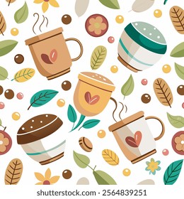 Coffee house and seamless coffee pattern in vintage style background, Coffee beans and coffee elements doodle art illustration.