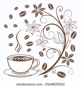 Coffee house and seamless coffee pattern in vintage style background, Coffee beans and coffee elements doodle art illustration.