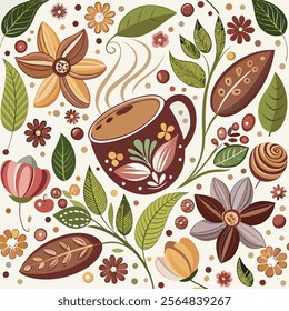 Coffee house and seamless coffee pattern in vintage style background, Coffee beans and coffee elements doodle art illustration.