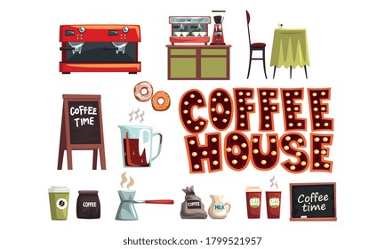 Coffee House Set, Cafe Interior Elements and Professional Equipment Cartoon Style Vector Illustration