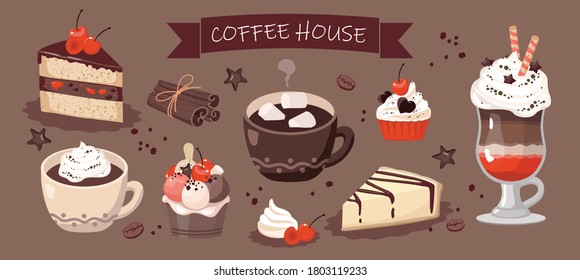 Coffee house set: coffee Cup, cheesecake, cherry, cake, cinnamon, ice cream balls, coffee beans, cupcake, meringue. 