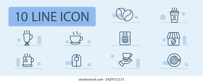 Coffee house set line icon. Cup, tea, glass, drink, caffeine, grinding, grains, dishes.. Pastel color background. Vector line icon for business and advertising