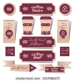 COFFEE HOUSE. Coffee set of objects. Templates of corporate style for fast delivery. Business manuscript for a supermarket, a cafe or coffee shops.