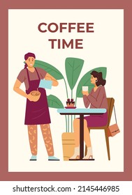 Coffee house or coffee shop banner template with waitress serving customer, flat cartoon vector illustration. Cafe or cafeteria promo banner or poster layout.