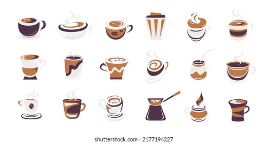 Coffee, coffee house, coffee shop elements. Modern icons vector collection. Paper bag, takeaway cup, spresso, cappuccino.