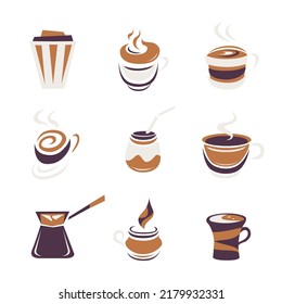Coffee, coffee house, coffee shop elements. Modern icons vector collection. Paper bag, takeaway cup, spresso, cappuccino.
