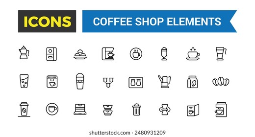 Coffee house, coffee shop icon set. Outline icons pack. Editable vector icon and illustration.