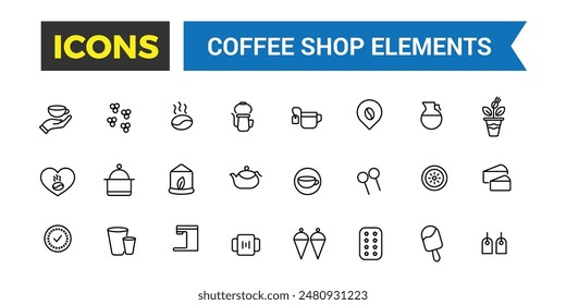 Coffee house, coffee shop icon set. Outline icons pack. Editable vector icon and illustration.