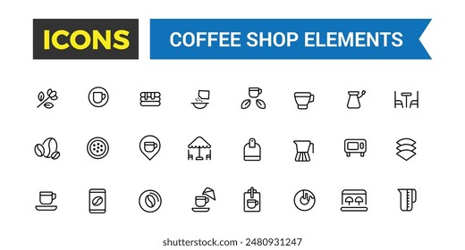 Coffee house, coffee shop icon set. Outline icons pack. Editable vector icon and illustration.