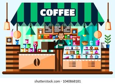 Coffee house shop interior with barista standing behind of bar counter with coffee making equipment, menu and goodies. Flat Vector Illustration