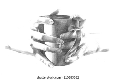 A coffee house or shop menu clipart illustration of hands holding a mug in a fun vector concept sketch design about relaxing and drinking a cozy cup of hot tea to wake up and enjoy life.