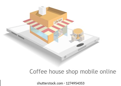 coffee house shop mobile online isometric vector,isolated with white background,internet online shop,communication worldwide,service pass smart phone and technology digital,vector art and illustration