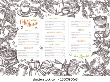 Coffee house or shop vector background. Design or template menu. Coffee tree branches with flowers and leaves and objectst of café