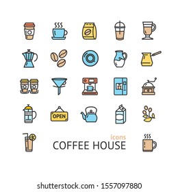 Coffee House Sign Color Thin Line Icon Set Include of . Vector illustration of Icons