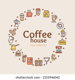 Coffee House Signs Round Design Template Thin Line Icon Concept Frame or Border for Text. Vector illustration