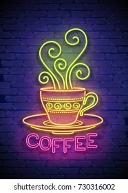 Coffee House Singboard Template with Cup, Swirl Hot Steam, and Inscription. Cafe Label, Eatery, Restaurant. Shiny Neon Light Style. Advertisement Flyer. Vector 3d Illustration. Abstract Decorative Art