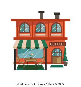 Café. Almacenar la fachada del edificio en estilo plano. Pequeña tienda urbana aislada de fondo blanco. Ilustración del vector