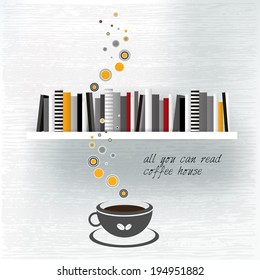  Coffee house template with book shelf. Vector flat background illustration. 