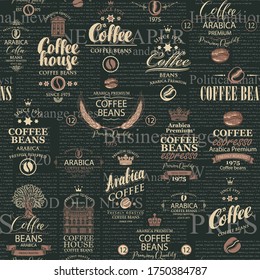 coffee and coffee house theme. seamless pattern in retro style with various coffee labels on black background of old magazine page. Suitable for wallpaper, wrapping paper, fabric. Vector