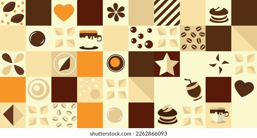 Baldosas de café - sin costura y vectorial. Estilo vanguardista y plano. Para imprimir en papel pintado, almohadas, empaque, restaurantes.