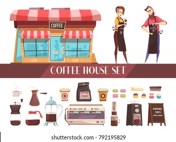 Coffee house two horizontal banners with image barmaid and barista near coffee house and set of different types of coffee makers