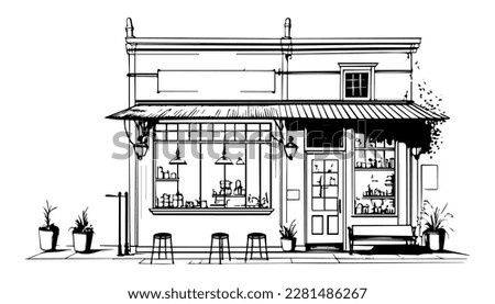 Coffee house vector black line illustration isolated white. Sketch art